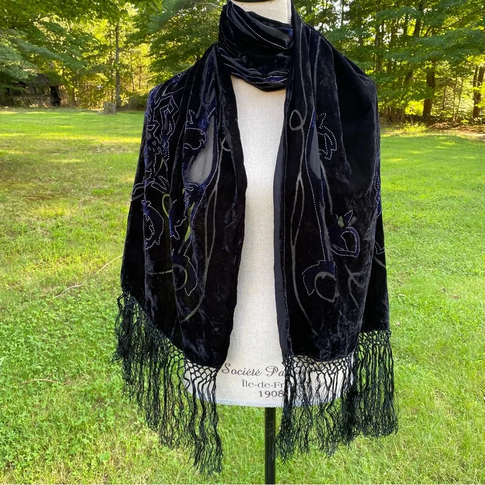 SCARF BLACK VELOUR BURN OUT FLORAL SILVER DOT ACCENT LONG FRINGE ENDS RECTANGLE